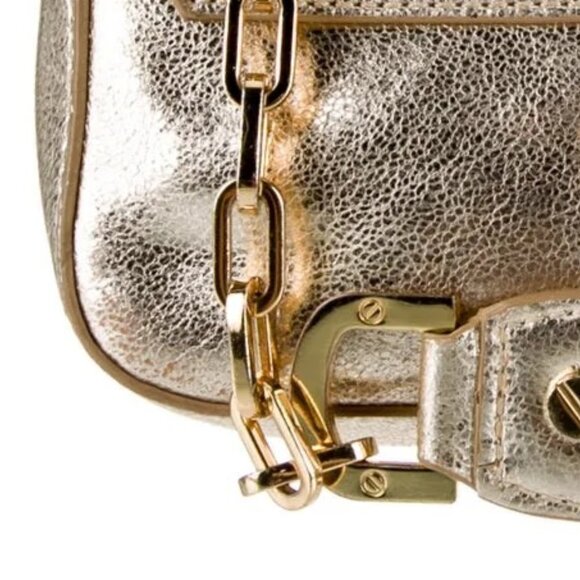 TORY BURCH - Distressed Metallic Gold Leather Mini Chain Clutch/ Crossbody Purse - Picture 15 of 16